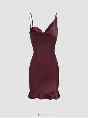 Cider Satin Burgundy Slip Dress with Ruffle Hem & Cowl Neck Bustier | Small NWT